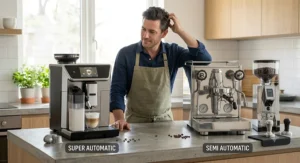 Coffee lover choosing between a fast one-touch super automatic espresso maker and a hands-on semi automatic machine for home brewing.