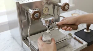 An instructional illustration showing how to clean and backflush the group head on a high end home espresso machine.