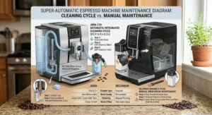 Diagram showing the cleaning process and maintenance differences between Jura and DeLonghi espresso machines.
