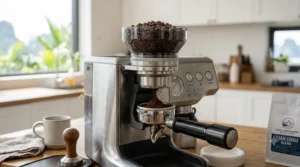 An illustration of a compact, affordable espresso machine under 800 dollars with a minimalist design for small kitchens.