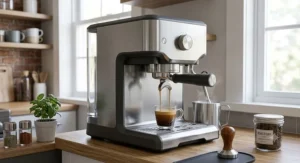 A space-saving compact home espresso machine under 1000 dollars designed to fit perfectly on a small apartment kitchen counter.