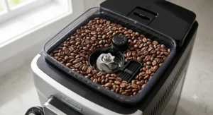 Top view of the built-in conical steel burr grinder filled with fresh coffee beans on the De'Longhi Magnifica Evo
