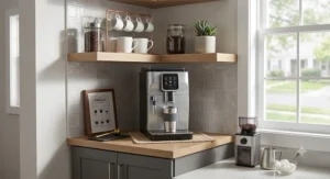 De'Longhi Magnifica Evo espresso machine set up in a modern American home coffee bar nook