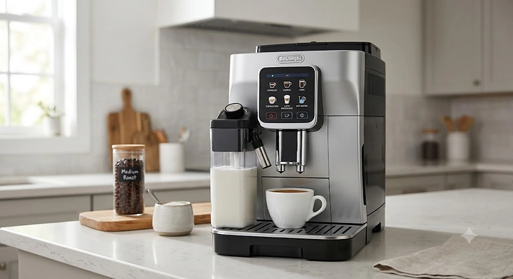 Front view of the De'Longhi Magnifica Evo automatic espresso machine on a kitchen countertop delonghi magnifica evo