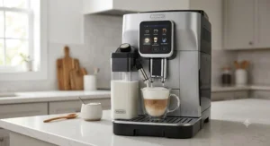 De'Longhi Magnifica Evo automatically frothing milk into a glass for a fresh cappuccino