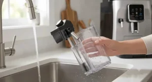 Easy-to-clean removable automatic milk carafe detached from the De'Longhi Magnifica Evo