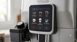 Close-up of the De'Longhi Magnifica Evo colorful touch control panel displaying one-touch coffee drink options