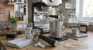 Step-by-step cleaning illustration showing how to descale and backflush a home espresso machine under 1000 dollars.