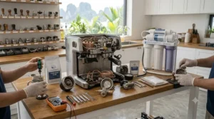 An illustration focusing on the powerful steam wand of an espresso machine under 800 for making latte art.
