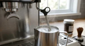 Close-up illustration of a powerful commercial-style steam wand texturing milk for a latte on a home espresso machine under 1000 dollars.