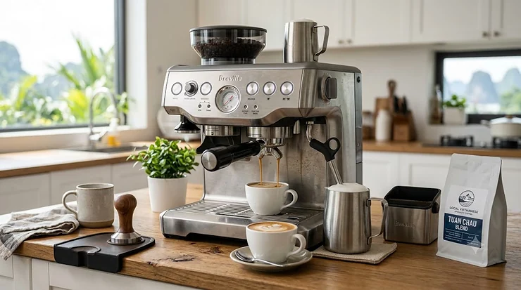 A photorealistic stainless steel espresso machine under 800 dollars on a modern kitchen counter with high detail and natural light.