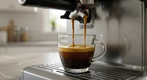 Rich double shot of espresso with golden crema pouring into a clear glass cup.