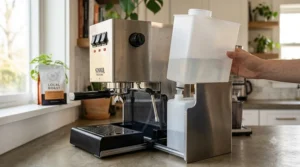 Demonstrating maintenance during a Gaggia Classic Pro review by removing the plastic drip tray to access the removable water reservoir.