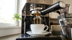 Espresso extraction test during a Gaggia Classic Pro review with rich crema pouring from the dual-spout portafilter into a glass cup.