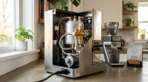 Technical illustration detailing the commercial-style three-way solenoid valve and small aluminum boiler inside the Gaggia Classic Pro.