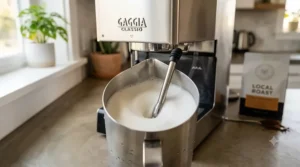 Reviewing the steaming power of the Gaggia Classic Pro as it froths milk in a stainless steel pitcher to a smooth microfoam texture.