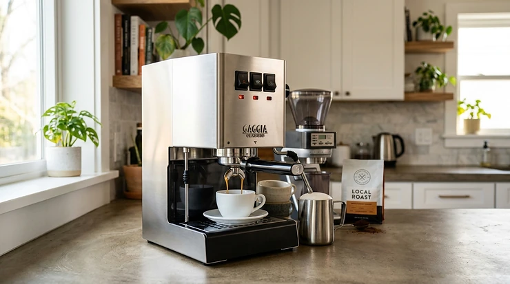 A comprehensive review overview of the Gaggia Classic Pro espresso machine in classic brushed stainless steel on a modern kitchen countertop.