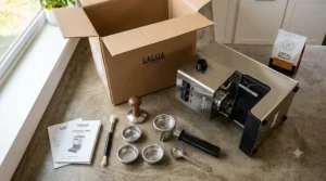 Gaggia Classic Pro unboxing layout showing the espresso machine, portafilter, single and double baskets, and plastic tamper.