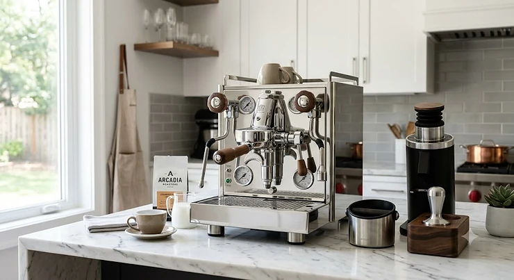 A sleek, stainless steel high end home espresso machine sitting on a modern white marble kitchen countertop.