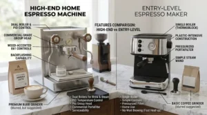 An infographic comparing the features of a high end home espresso machine versus an entry-level espresso maker.