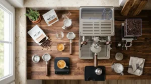 A flat-lay illustration of a home barista station featuring a prosumer espresso machine,