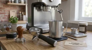Essential accessories included with a high-quality espresso machine under 1000 dollars like a heavy tamper, portafilter, and milk pitcher.