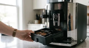 Removing the drip tray and coffee grounds container from the Jura E8 for daily maintenance