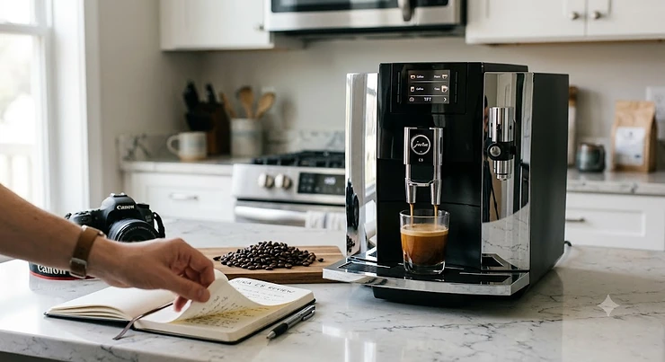 Jura E8 automatic espresso machine sitting on a modern kitchen countertop during a hands-on review