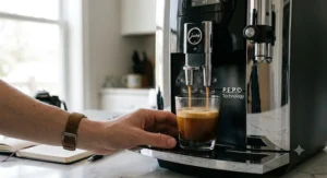 Jura E8 dispensing a rich shot of espresso with thick crema using Pulse Extraction Process technology
