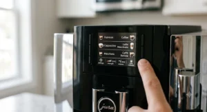 Close-up of the Jura E8 color TFT display showing customizable specialty coffee drink options