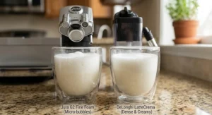 Close-up visual comparison of milk froth texture produced by Jura and DeLonghi super-automatic milk systems.