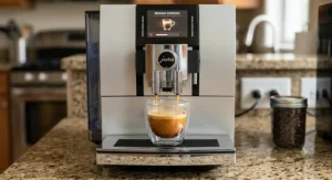 Jura super-automatic espresso machine brewing a fresh shot of espresso into a glass cup.