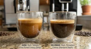 Two espresso shots comparing crema depth and richness from Jura vs DeLonghi super-automatic espresso makers.