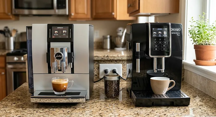Side-by-side comparison of Jura and DeLonghi super-automatic espresso machines on a kitchen counter.