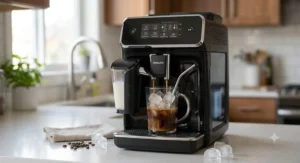 Philips 3200 espresso machine dispensing fresh iced coffee into a glass filled with ice