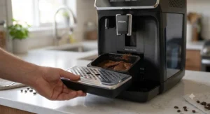 Drip tray and coffee grounds container pulled out from a Philips 3200 espresso machine