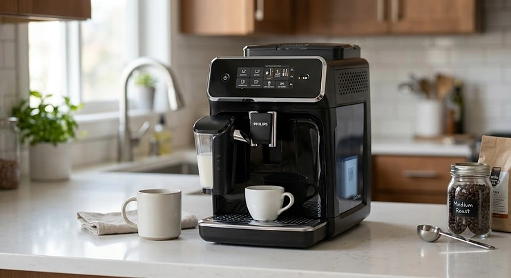 Philips 3200 espresso machine sitting on a clean kitchen countertop