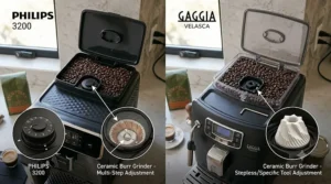 Illustration comparing the ceramic burr grinder settings and bean hoppers of the Philips 3200 and Gaggia Velasca.