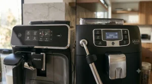 Touch screen control panel of the Philips 3200 Series alongside the button interface and LCD display of the Gaggia Velasca.