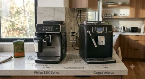 Dimensional drawing comparing the kitchen cabinet clearance and countertop footprint of the Philips 3200 and Gaggia Velasca.