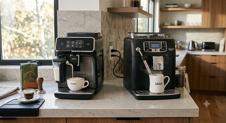 Side-by-side comparison of the Philips 3200 Series and Gaggia Velasca super-automatic espresso machines on a modern kitchen counter.