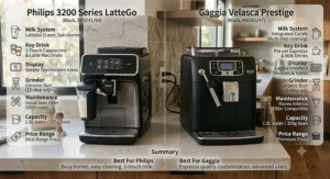 Infographic comparison chart highlighting key features, specs, and value of the Philips 3200 vs Gaggia Velasca.