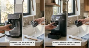 Illustration showing the removable brew group removal and cleaning process for both the Philips 3200 and Gaggia Velasca.