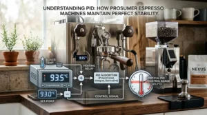 Illustration 3: A detailed, photorealistic 4K technical graphic explaining the function of a PID controller in maintaining a high-end prosumer espresso machine's critical temperature stability, set within a natural light kitchen context with a machine and grinder.