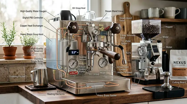 An exploded view illustration labeling the internal parts of a dual boiler prosumer espresso machine.