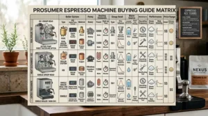 Illustration 4: A comprehensive photorealistic buying guide matrix comparing three classes of prosumer espresso machines (Dual Boiler/E61, HX, and Entry-Level), detailing features like boiler systems, pump types, and price ranges, all integrated into a detailed home kitchen environment.