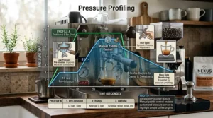 Illustration 6: A detailed, photorealistic 4K technical chart explaining pressure profiling on a high-end prosumer espresso machine, using an illustrative curve to compare a complex profile with a traditional 9-bar shot, set within the same kitchen environment.