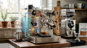A technical diagram demonstrating the rotary pump and water flow system inside a prosumer espresso machine.