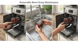 Illustration showing how to remove and rinse the brew unit of a super automatic espresso maker.