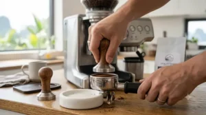 A digital illustration of a semi-automatic espresso machine under 800 featuring a classic portafilter and milk frothing wand.